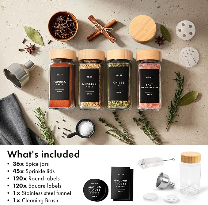 EDELHAUS Glass Spice Jars with Label, 36x Bamboo Wooden Lids - Black Labels | Airtight Lids keep spices fresh, Kitchen Spice Drawer Organizer, 4oz Seasoning Containers incl. Funnel, Brush & 240 Labels
