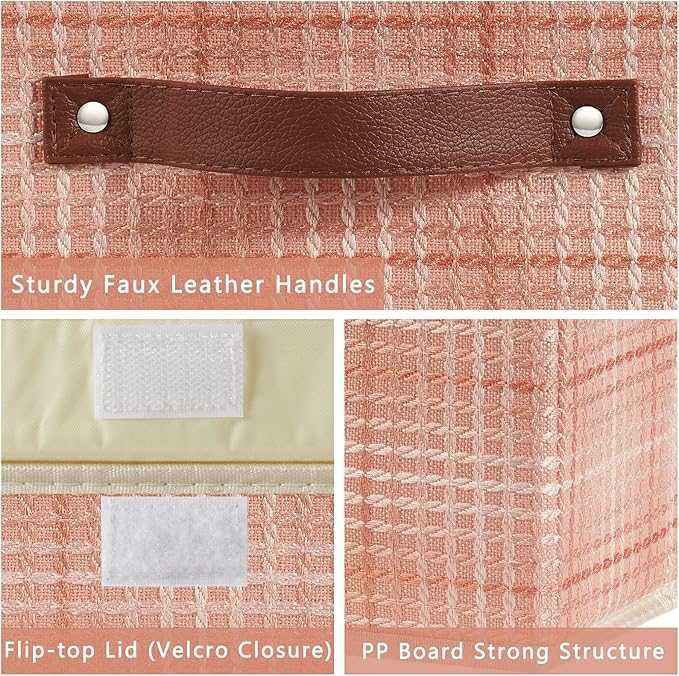 2PCS Storage Boxes with Lid 3D Textured Fabric Storage Bins Closet Organizer Containers Decorative Collapsible Washable Shelf Baskets with Faux Leather Handles (Light Salmon, Large Size)