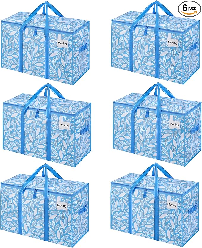 VENO 6 Pack Heavy Duty Moving Bags, Extra Large Storage Bags with Reinforced Handles & Strong Zippers, Foldable & Reusable Moving Box Alternative for Clothes & Dorm Storage