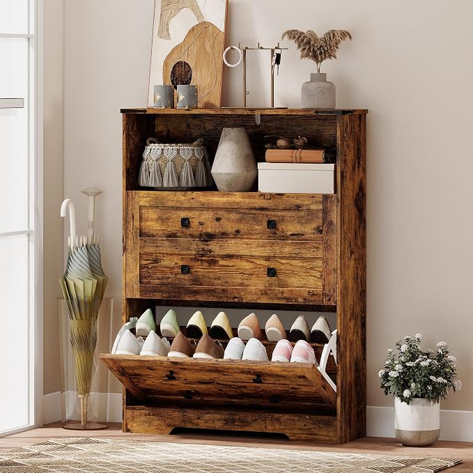 HOMCOM Shoe Cabinet with 2 Flip Drawers, Narrow Shoe Storage Cabinet with Adjustable Shelves and Open Shelf, Farmhouse Storage Organizer for Entryway, Hallway, Holds 12-16 Pairs, Rustic Brown