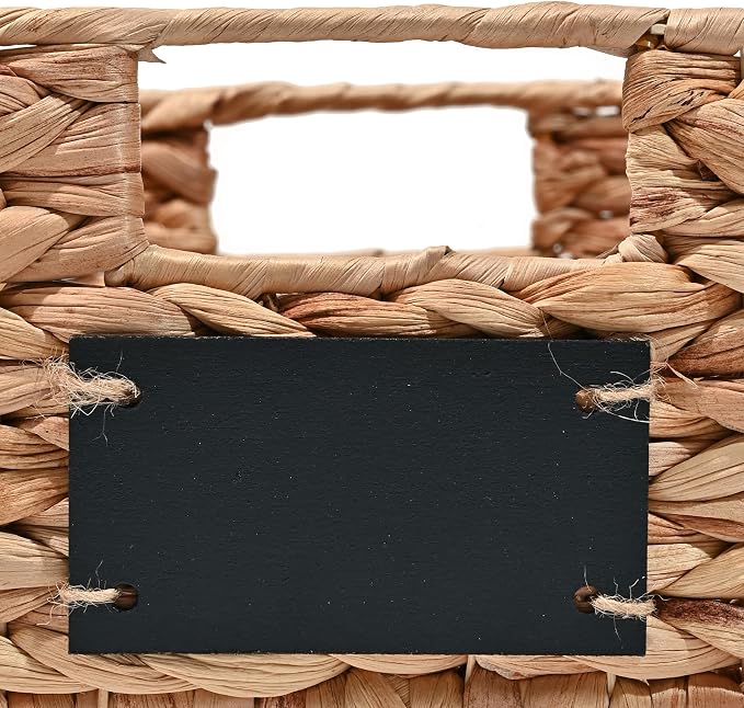 happimess Lane Hyacinth Wicker Pantry Baskets 9"x12"x5", Natural, Set of 4 | Handwoven Decorative Seagrass Containers, Chalkboard Labels, Built-In Handles, Classic Farmhouse Style, Iron Metal Frame
