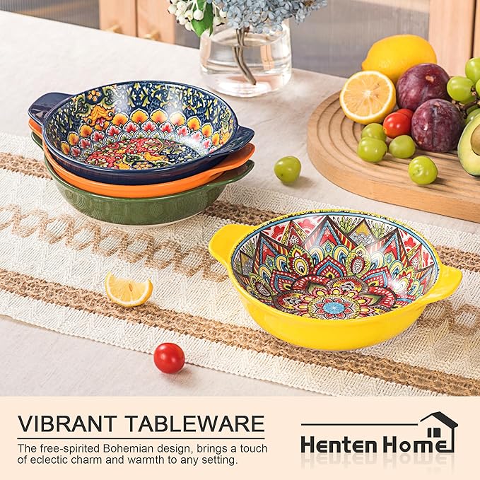 Henten Home Ceramic Soup Bowls Set，30 oz Ceramic Pasta Bowls Set of 6, Colorful Serving Bowl with Handle, for Salad, Cereal, Dinner, Bohemian Style, Microwave & Dishwasher Safe