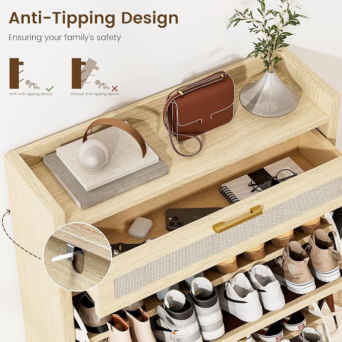 Rattan Shoe Storage Cabinet - Hidden Entryway Shoe Storage with Adjustable Shelf, Slim Shoe Organizer Cabinet with 2 Flip Drawers & 1 Drawer, Modern Shoe Cabinet Storage for Hallway Entrance