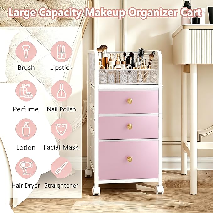 Rolling Makeup Vanity Cart, Makeup Organizer with Drawers, Rolling Makeup Bathroom Storage Cart, Cosmetic Vanity Display Cases Holder for Nail Polish Brush Hair Tool (Pink)