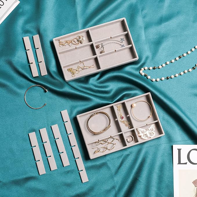 Frebeauty Jewelry Trays for Drawer,Set of 6 Jewelry Organizer and Storage | Velvet Material,Earring Holder Organizer,Stackable Jewelry Display for Vanity,Drawer Inserts for Rings,Studs,8.3×4.9 inch