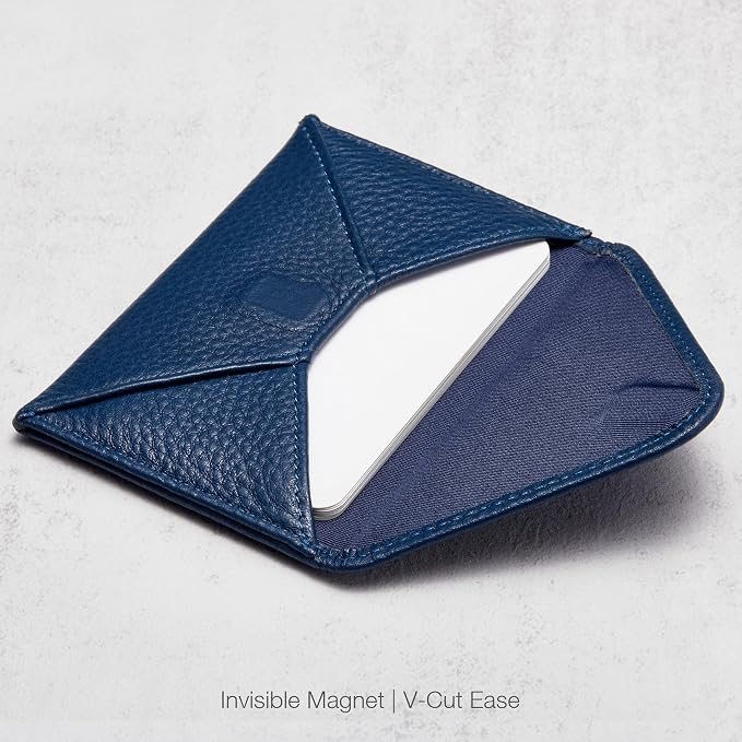 HISCOW Italian Pebbled Leather Business Card Holder, Minimalist Full Grain Envelope Card Case with Hidden Magnetic Closure, 0.19 Inch Slim Front Pocket Wallet for Men and Women, Blu Navy