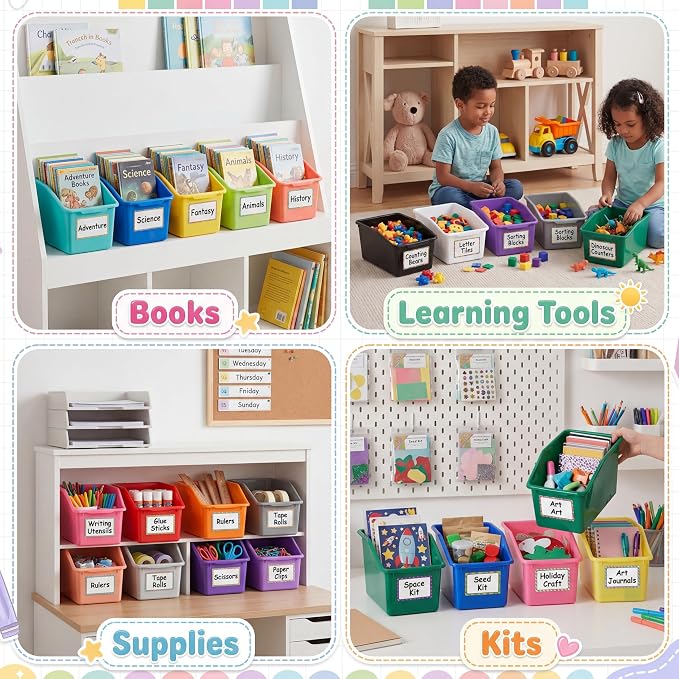 Dandat 36 Pcs Plastic Book Bins for Classroom Library Colorful Scoop Front Cubby Bins Stackable Toy Storage Containers with Handles for School Home Office Nursery Daycare (Bright Color)