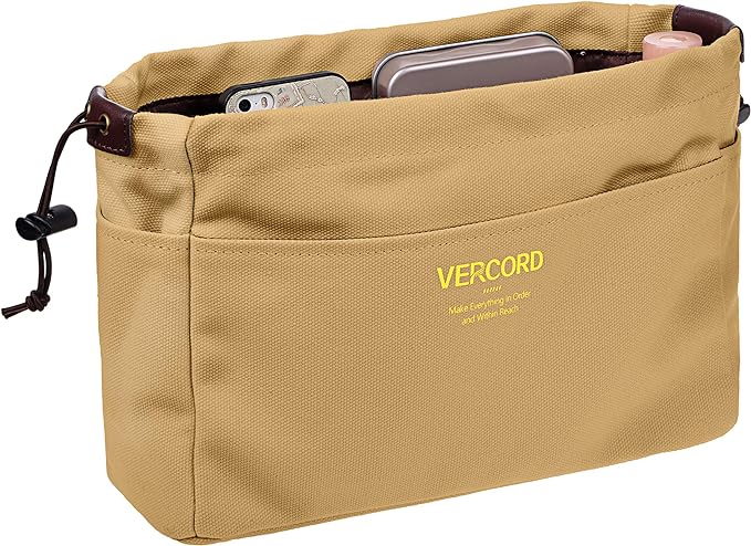 Vercord Canvas Handbag Organizers, Sturdy Purse Insert Organizer Bag in Bag, 10 Pockets Khaki Large