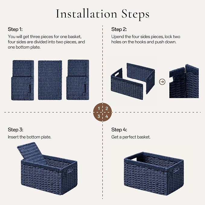 joybest Medium Wicker Baskets for Shelves, 13.4L x 8.3W x 7.1H inch Hand-woven Storage Baskets for Pantry Organizing, Foldable Rectangular Bin with Handles, 2-pack, Navy Blue