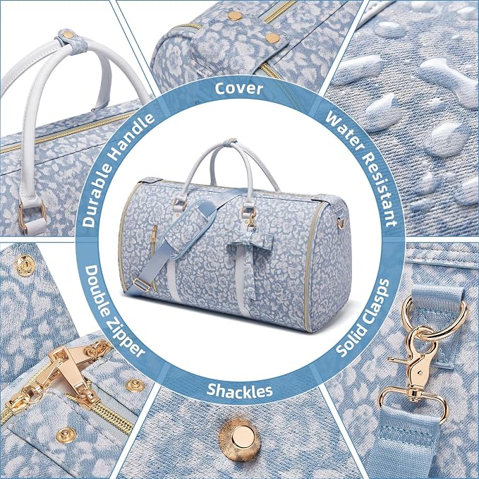 Travel Garment Bag for Women, Foldable Carry On Garment Duffle Bag 20.5x10x12.5 Inch, Convertible Overnight Bags with Shoe & Toiletry Pockets for Business Trip, Vacation, Party, Blue-White