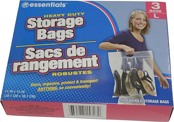 essentials(TM) Heavy Duty Clear Plastic Storage Bags w/Zip-Lock & Carry Handle, 3-Count Large (Pack of 4)