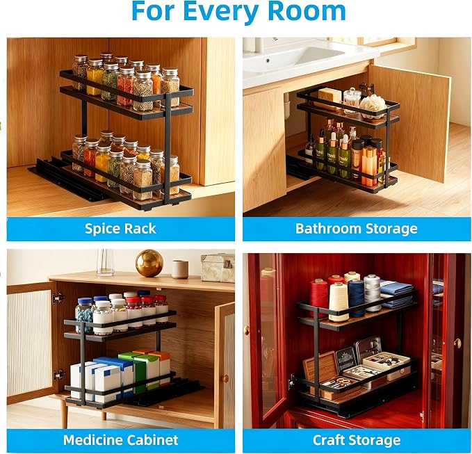 Pull Out Spice Rack 2-Tier Metal & Wood Seasoning Organizer | No-Drill Install | Full-Extension Silent Glide | Each Tier Holds 10–12 Standard Spice Bottles | Rustproof, Wipe-Clean Surface
