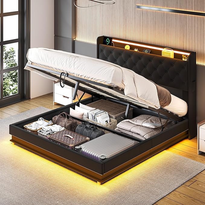 Ailisite Lift Up Storage Bed Queen, Bed Frame Queen Size with Charging Station&Led Lights, Upholstered Platform Bed with Wingback Storage Headboard, Hydraulic Lift System,No Box Spring Needed,Black | Lift up storage, breathable material