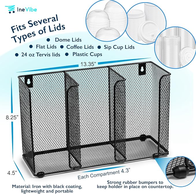 IneVibe 3 Compartment Lid Organizer Holder for Plastic Lids and Cups | Gridded Mesh Metal Rack Stand for Disposable Lids Storage in Kitchen, Cabinet, Drawers - Countertop or Wall Mount