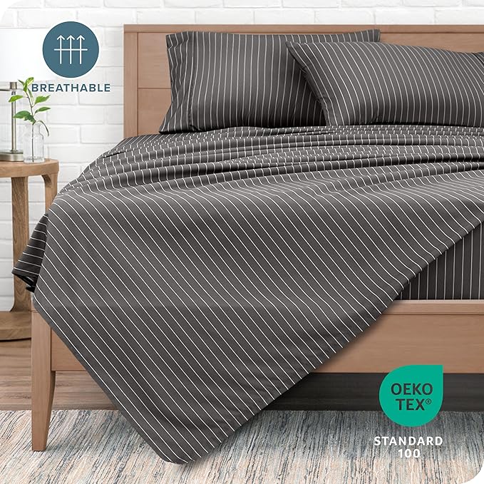 Bare Home Split King Sheet Set - 1800 Ultra-Soft Microfiber Bed Sheets - Double Brushed - Deep Pockets - Easy Fit - 5 Piece Set - Bed Sheets (Split King, Pinstripe - Grey/White)