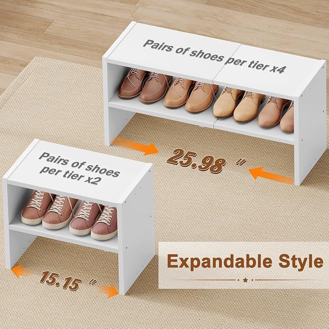 Hoctieon 2 Pack Expandable Shoe Shelf, 2-Tier Adjustable Shoe Shelf Storage Organizer, Stackable Iron Wood Combination Free Standing Shoe Rack for Entryway, Closet, Doorway, White