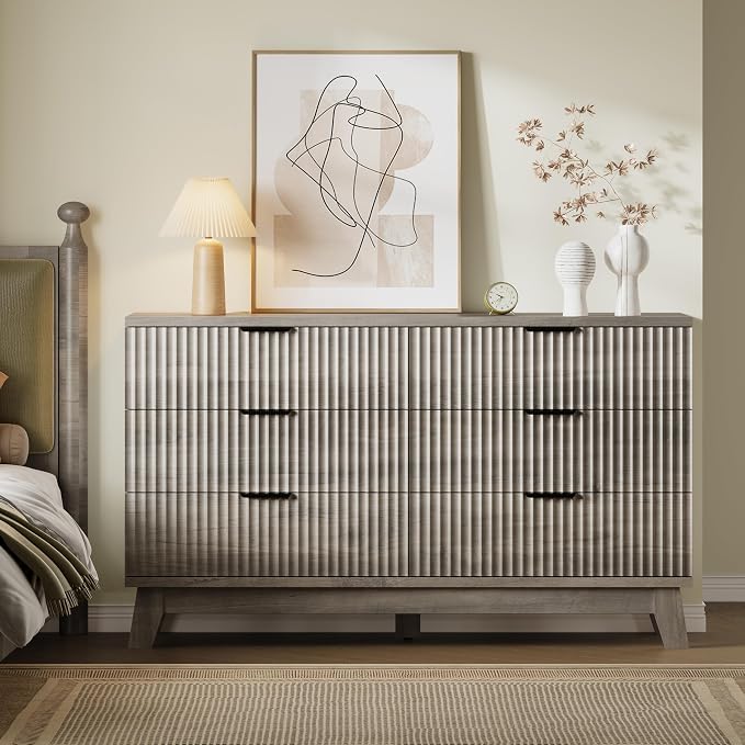 BORNOON 53" Long Dresser for Bedroom, 6-Drawer Dresser with Fluted Fronts, Wide Wood Chest of Drawers, Smooth Metal Slides, Stable Base, Modern Clothes Storage Cabinet for Living Room, Hallway