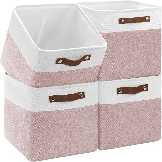 Patvingot Fabric Storage Cubes 11", 4 Pack, with PU Pull Handles,Foldable | For accessories on cube shelves or in closets; reinforced opening, pull-out access, folds flat when empty,white and pink