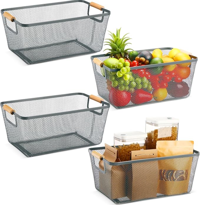 Ziliny 4 Pcs Metal Mesh Wire Baskets with Wooden Handles for Organizing, Pantry Organizers and Storage Steel Bin Kitchen Baskets for Fruit Potato Onion Snacks Bathroom Cabinet(Large,Dark Gray)
