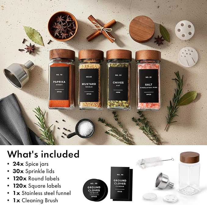 EDELHAUS Glass Spice Jars with Label, 24x Acacia Wooden Lids - Black Labels | Airtight Lids keep spices fresh, Kitchen Spice Drawer Organizer, 4oz Seasoning Containers incl. Funnel, Brush & 240 Labels
