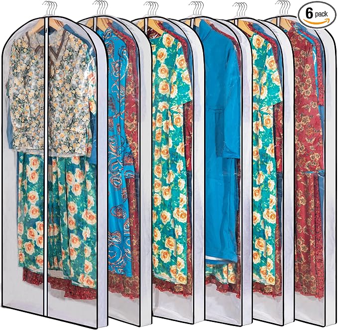 Mskitchen Clear Garment Storage with 4" Gusseted Hanging Covers - Durable, Transparent Protectors for Long Coats, Gowns, Dresses - 24"x 60"x 4" / 6 Pack