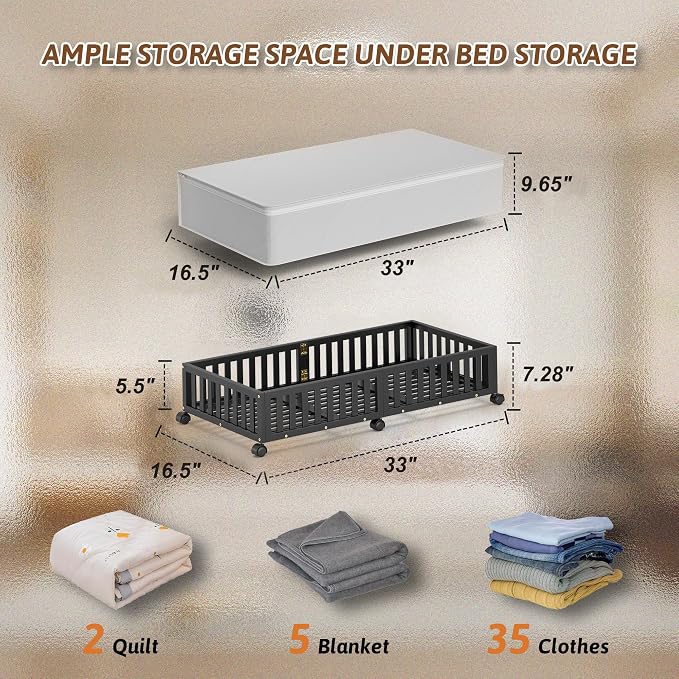Bamboo Under Bed Storage Containers with Wheels, 2 Pack Large Under the Bed Shoe Storage Bins, Wood Rolling Underbed Drawers Organizer for Bedroom Closet Clothes Blanket Under Crib Toy Black