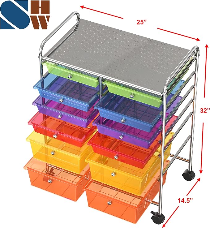 Simple Houseware 12 Drawers Rolling Utility Cart Organizer, Multicolor | 2-Column, 32" Height, Lockable Wheels, for School, Office, Art Craft, and Paper Storage