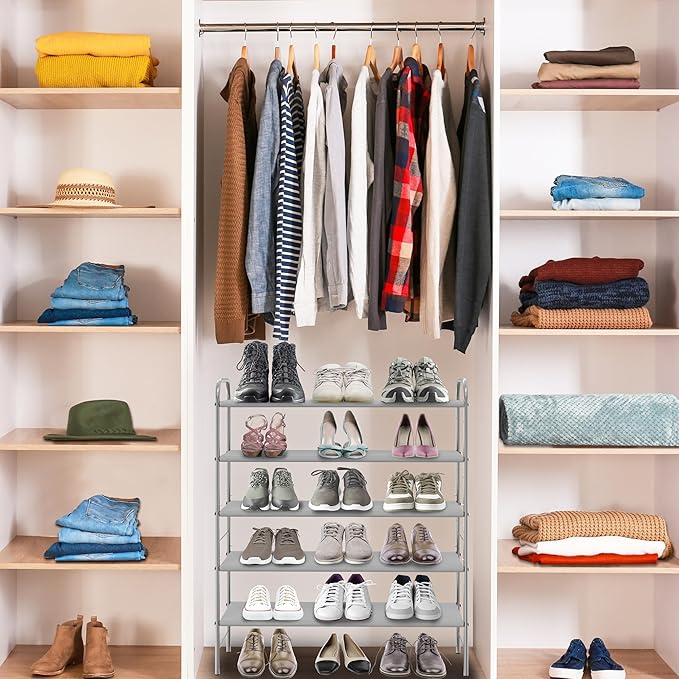 Simple Houseware 5-Tier Shoe Rack Storage Organizer, 15-24 Pairs, Grey | Space-Saving Shoe Shelf with Sturdy Metal Frame and Non-Woven Fabric Shelves for Entryway, Garage & Corridor