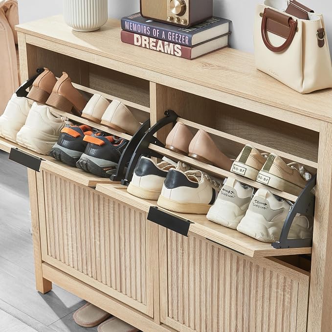 4 Flip Drawers Shoe Cabinet Storage for Entryway, Narrow Hidden Shoes Cabinet Organizer Front Door Entrance Thin Free Standing Front Door Shoe Rack Storage for Entryway(Oak)