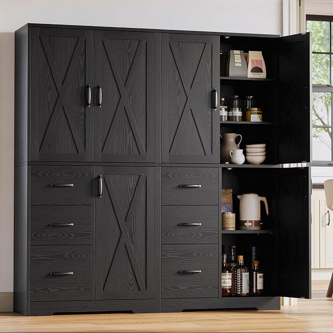 IRONCK Pantry Cabinet, 67.5 inch Tall Storage Cabinet with 3 Doors & Drawers, Farmhouse Kitchen Cabinet with Adjustable Shelves, 5 Tier Freestanding Cupboard for Kitchen, Black