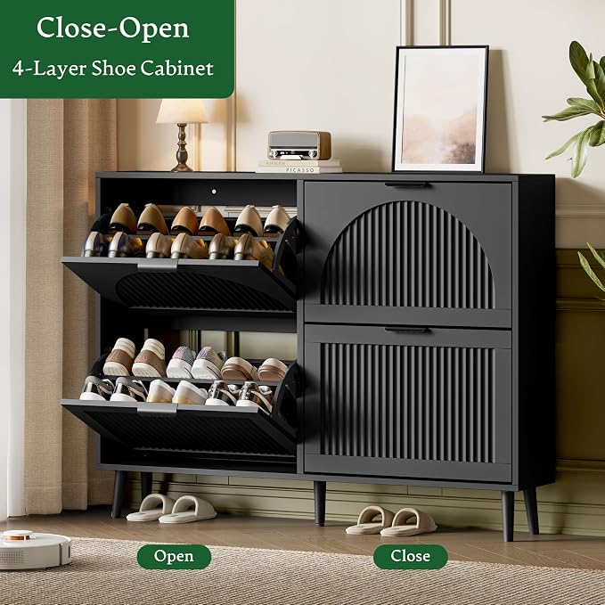 Xixini Shoe Storage Cabinet with 4 Flip Drawers, 36" Freestanding Wood Fluted Shoe Organizer for Entryway, Tall Narrow Wooden Hidden Slim Shoe Rack for Front Door Entrance, Hallway, Foyer, Solid Black