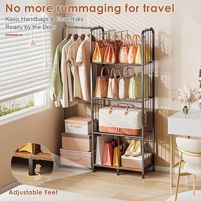 Honkazita 4-Tier Purse Storage for Closet with Adjustable Feet & Dividers, High Capacity Closet Purse Organizer for Small Place Iron & Wood Handbag Storage - Purse Organizer for Closet & Narrow Spaces