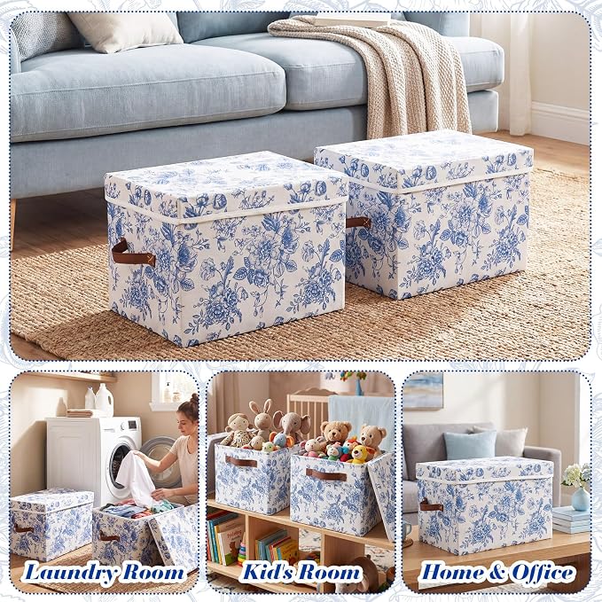 Domensi 2 Pack Large Fabric Storage Bins with Lids, 14x10x9.5 Inch Blue Floral Decorative Closet Organizer with Leather Handle Stackable Folding Clothing Storage Boxes for Bedroom Shelves(Lidded)