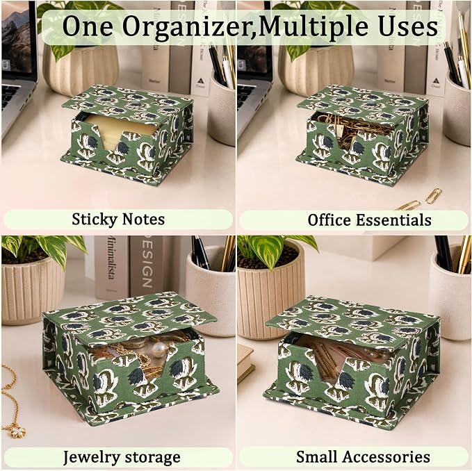 Ridhi Block Print Basil Green Sticky Note Holder Box for Desk, Aesthetic Memo Pad Organizer, Sticky Note Box Decorative Office Accessory, Stationery Gift for Teachers, Students, Professionals