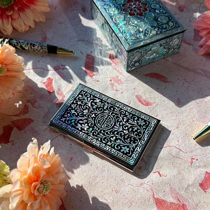 Mother of Pearl Business Card Case Credit Id Name Holder Travel Wallet Art Painting Design Metal Stainless Steel Engraved Slim Purse Pocket Cash Money Wallet (N_Arabesque)