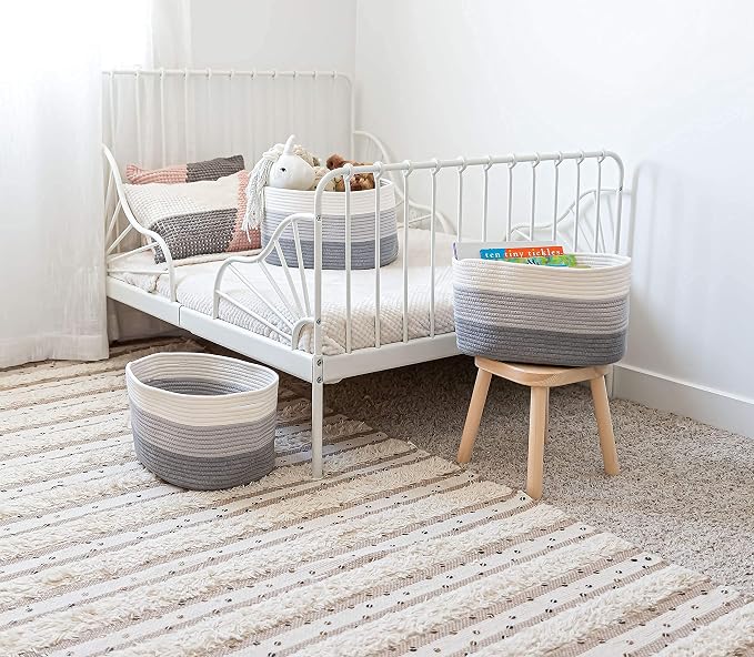 3-Toned Gray Cotton Rope Baskets for Shelves, Set of 3 - 15"×10"×9½" - Woven Storage Baskets for Organizing - Closet, Nursery, Bedroom, Playroom - Toys, Books, Towels, Clothes