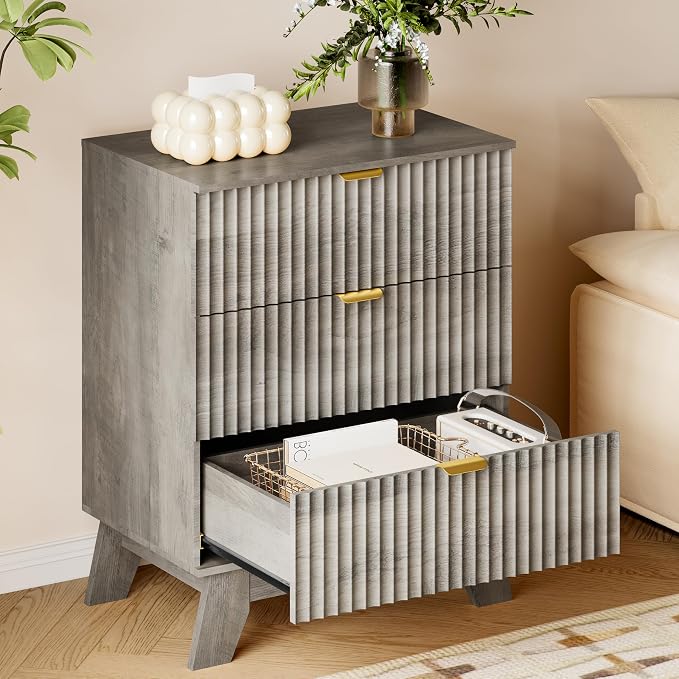 BORNOON Fluted 3 Drawer Dresser, 30.3" Tall Compact Modern Boho Chest of Drawers, Wooden Storage Cabinet for Bedroom, Living Room, Entryway, Curved Profile Design