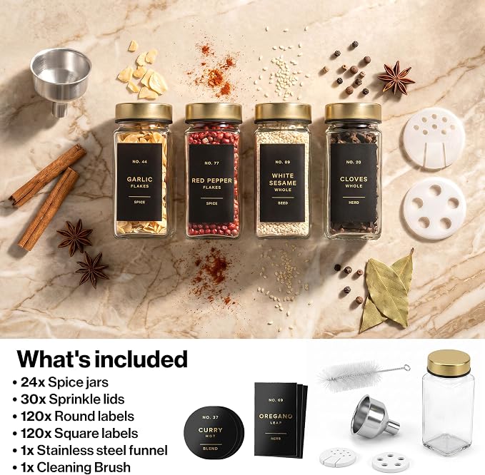 EDELHAUS Glass Spice Jars with Label, 24x Gold Stainless Steel Lids | Airtight Lids keep spices fresh, Kitchen Spice Drawer Organizer, 4oz Seasoning Containers incl. Funnel, Brush & 240 Labels