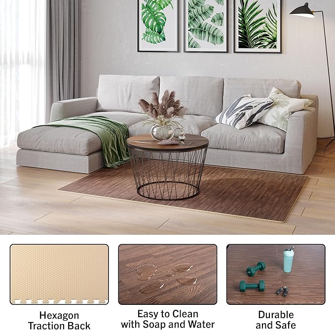 EVA Foam Floor Tiles 12-Pack - 48 SQFT Woodgrain Puzzle Mats for Floor - Interlocking Foam Tiles for Family Room or Gym Flooring by Stalwart (Dark)