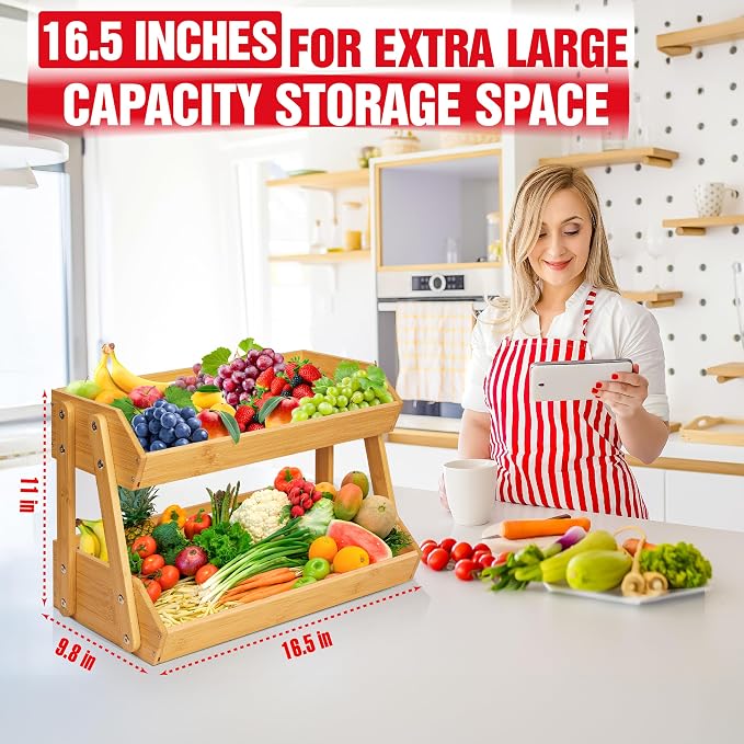 [Upgraded Length] 16.5-Inch Fruit Stand Storage Holder with 4 Sturdier Legs, 2-Tier Fruit Basket , Bamboo Fruit Bowl Holder for Fruit,Vegetables,Bread, Snacks, Home Kitchen Countertop Organizer