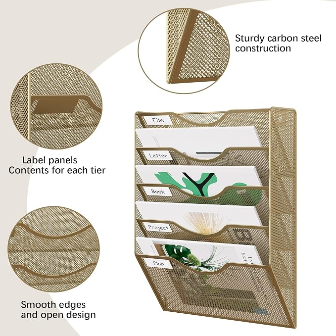 EasyPAG Wall File Organizer 5 Tier Hanging Paper Folder Holder, Zero Assembly Metal Mesh Wall Mounted Mail Organizer for Office Home Classroom Narrow Spaces, Gold