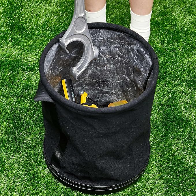 4 Pack Canvas Bucket 15" x 12" Heavy Duty Lineman Tool Bag with Plastic Bottom & Metal Hook Electrician Tool Organizer for Jobsite Use, Load Rated up to 150 Pounds (Black)