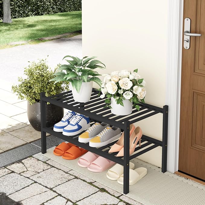 Smiry Bamboo Shoe Rack, 2 Tier Free Standing Wooden Shoe Organizer, Stackable Wood Shoe Storage Shelf for Closet, Entryway, 14 Vertical Slats, One-piece Heavy-Duty Legs, 26.8"x11"x13", Black