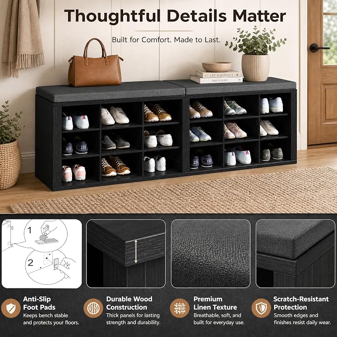 Shoe Storage Bench with Padded Seat, 18-Cubby Shoe Organizer for Entryway, 59.1" Long 700 lb Capacity, for Living Room, Bedroom, Hallway (Blackboard with Dark Gray, Linen, Sponge)