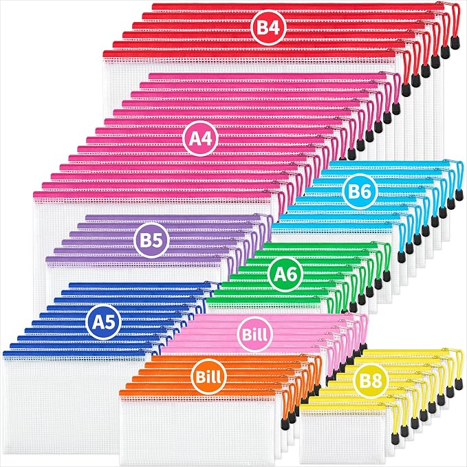 JARLINK 72Pcs Mesh Zipper Pouch Bags, 8 Sizes Waterproof Zipper Bags | Multi-use Travel Bags for Office, School, Board Game, Puzzles, Cosmetics, Travel Accessories, and Home Organization, 9 colors