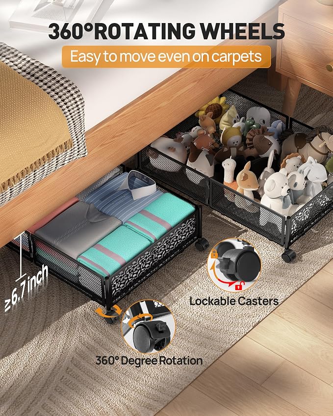 Under Bed Storage with Wheels, Foldable Pattern Carved Metal Under Bed Storage Containers, 60L Rolling Underbed Storage, Easy Assembly Under The Bed Storage for Shoes, Clothes, Blankets...
