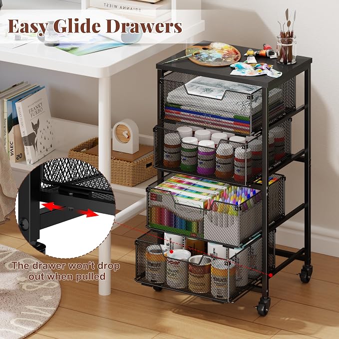 Rolling Cart with Drawers, Utility Storage Cart with Lockable Wheels, Metal snack cart, Under Desk Storage for Office, Kitchen, Craft, and Art Supplies, Black