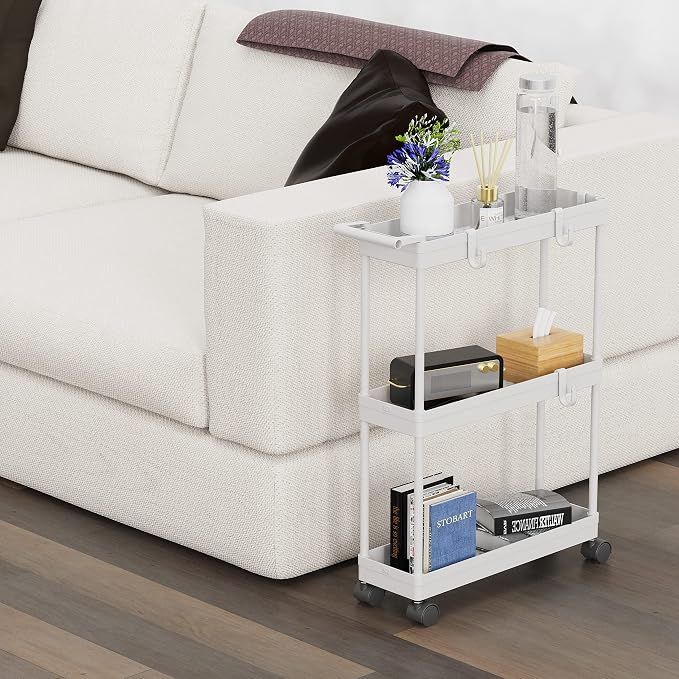 Simple Houseware 3-Tier Slim Rolling Cart w/Handle 5.5" Wx27.5 H, White | Storage Cart for Narrow Space (5.5-Inch Wide) Kitchen, Bathroom, Laundry Room