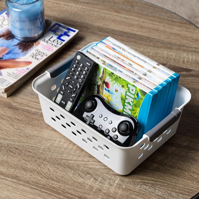 IRIS USA 8-Pack, Small Plastic Storage Basket, White | Organize pantry items, office supplies, crafts, accessories, and household essentials with easy-carry storage for shelves