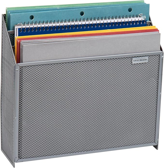 Mind Reader Vertical File Storage, Desktop Organizer, Wall Mount, Office, Metal Mesh, 12.5"L x 3.75"W x 11.5"H, Silver